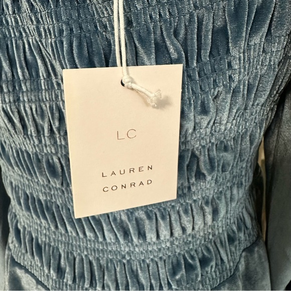 NWT LC Lauren Conrad Velvet Dress - BLUE Smocked Ruffle Women Size L - midi - Picture 6 of 12